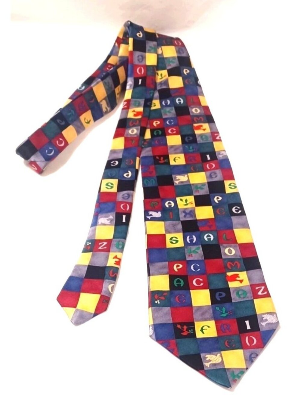 Vtg United state fund for UNICEF Mens Silk Tie Multicolor Peace Alphabet- Korea